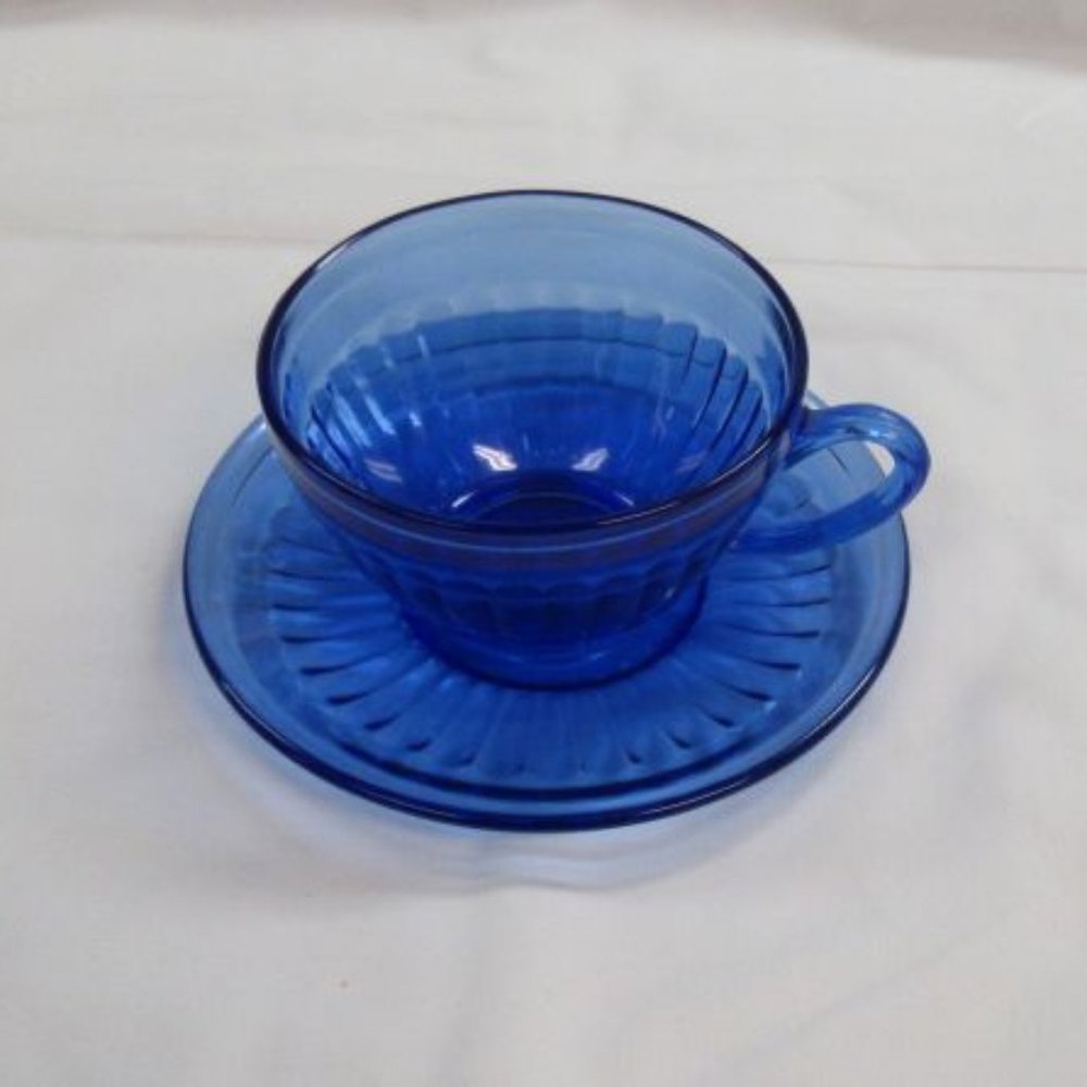 Hazel Atlas Depression Glass Cobalt Blue Aurora Tea or Coffee Cup and Saucer